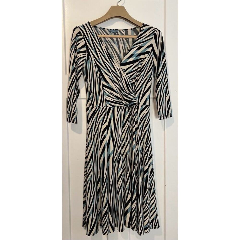 Zebra Print Fit & Flare Dress Wrap Top Black White Stretch 3/4 Sleeve SIZE 8